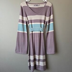 Prana Womens Striped V-Neck Bell Sleeve Sweater Dress Gray Teal Small Boho Indie